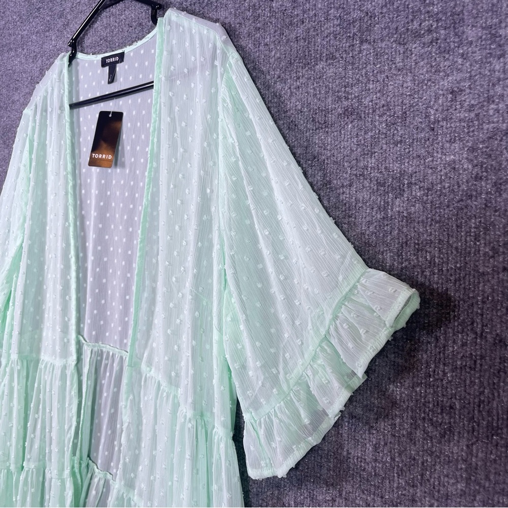 Torrid NWT Womenโs 2X 18-20 Mint Green Clip Dot Ruffle Kimono Tiered Open Front - Picture 4 of 8